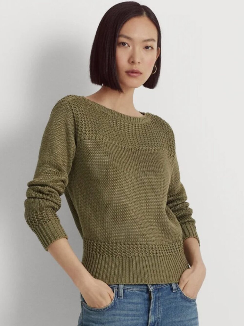 Ralph Lauren Green Crew Neck Cable Knit Sweater with Ribbed Knit